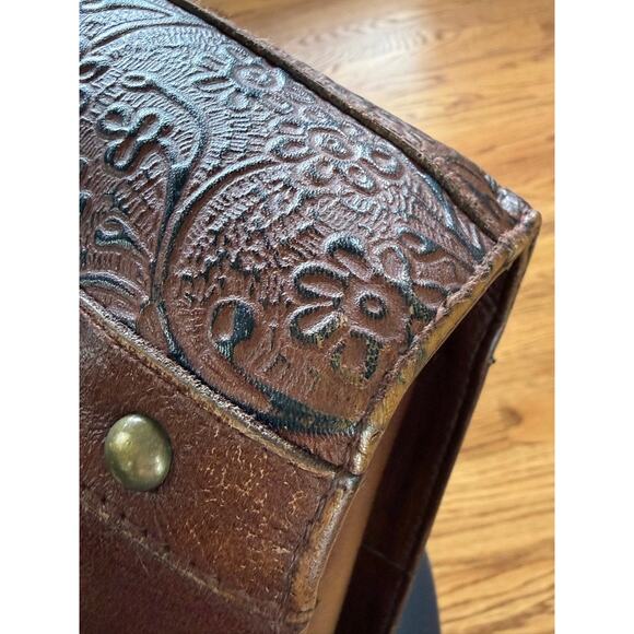 Vtg Scully Brown Tooled Beaded Leather Shoulder Bucket Bag Purse Western Boho - Picture 10 of 11